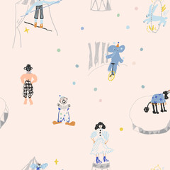 Seamless pattern about circus. Hand drawn vector illustrations