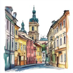 Fototapeta premium Lviv Old Town. Lviv Old Town hand drawn watercolor illustration