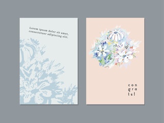 Set of creative floral art posters or cards. Hand Drawn textures. Wedding, anniversary, birthday, Valentin's day, party invitations, covers