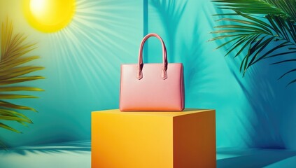 Pink handbag on a bright orange cube, tropical backdrop