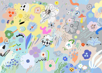 Creative universal floral background. Modern graphic design. Hand Drawn textures. Ideal for web, card, poster, cover, invitation, brochure. Vector
