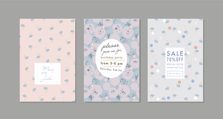 Set of creative floral art posters or cards. Hand Drawn textures. Wedding, anniversary, birthday, Valentin's day, party invitations, covers