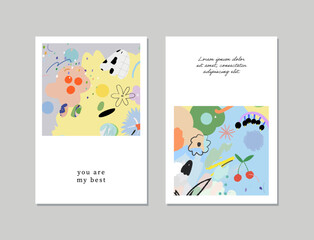 Set of creative floral art posters or cards. Hand Drawn textures. Wedding, anniversary, birthday, Valentin's day, party invitations, covers