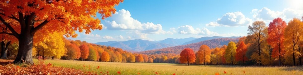 Crisp autumn air, vibrant foliage, blue sky backdrop , picture, vibrant