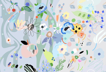 Creative universal floral background. Modern graphic design. Hand Drawn textures. Ideal for web, card, poster, cover, invitation, brochure. Vector