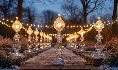 Fototapeta premium Frost-covered sculptures displayed in a park lit by festive string lights, Generative AI