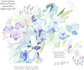 Creative universal floral background. Modern graphic design. Hand Drawn textures. Ideal for web, card, poster, cover, invitation, brochure. Vector