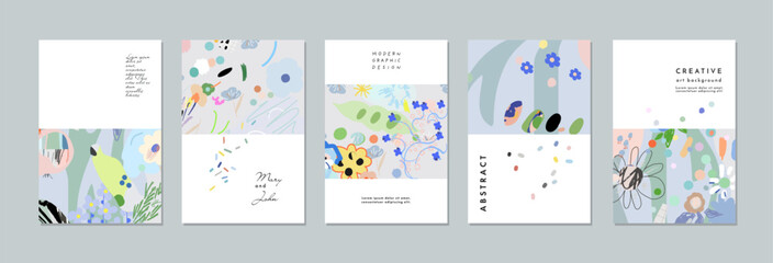 Set of creative floral art posters or cards. Hand Drawn textures. Wedding, anniversary, birthday, Valentin's day, party invitations, covers