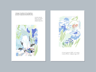 Set of creative floral art posters or cards. Hand Drawn textures. Wedding, anniversary, birthday, Valentin's day, party invitations, covers