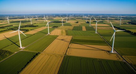 Obraz premium Aerial View of a Wind Turbine Farm Generating Renewable Energy in a Rural Landscape