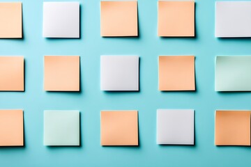 Pastel Sticky Notes Arranged in a Repeating Pattern on a Light Blue Surface