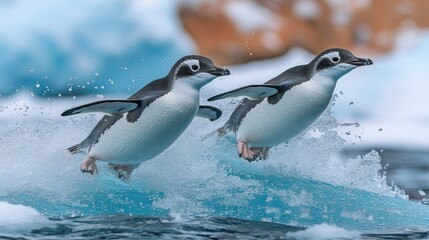 Fototapeta premium Two penguins leap from icy waves