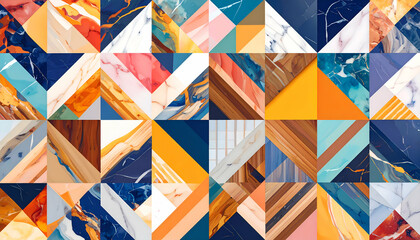 A colorful geometric pattern featuring various textures and colors in a tiled design.