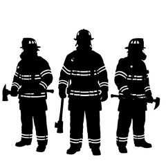 Three firefighters silhouettes with axes isolated on transparent background.