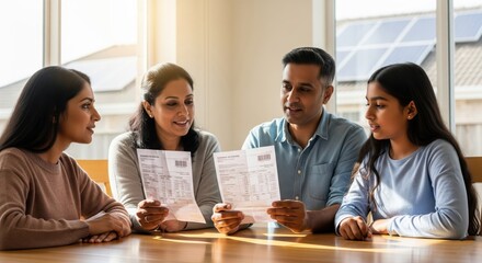 Family Reviewing Bills and Finances at Home in a Bright Setting