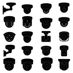 Collection of security camera icons isolated on transparent background