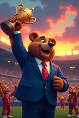 An anthropomorphic bear in a sleek suit, holding a golden trophy, surrounded by a cheering crowd in a stadium with a cityscape and sunset backdrop