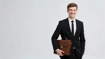 A smiling man in a black suit holding a brown leather briefcase against a white background studio shot - Powered by Adobe