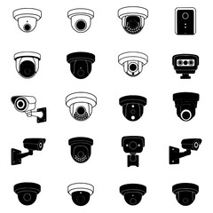 Collection of black security cameras isolated on transparent background