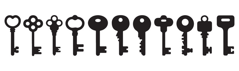 A clean, simple graphic design showcasing various vintage-style key silhouettes.