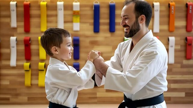 Joyful interaction between adult and child in martial arts dojo with colorful belts displayed in background