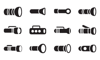 A set of various flashlight icons in a simple, black and white design.