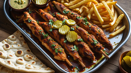 A sizzling chicken shawarma platter served with garlic sauce (toum), pickles, fries, and flatbread on a metal tray 