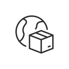 Package and globe, linear icon. Global delivery and international shipping. Line with editable stroke.