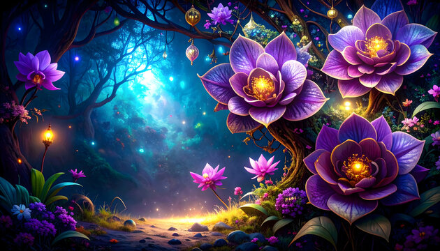 A vibrant, enchanted forest scene with blooming purple flowers and glowing lights.