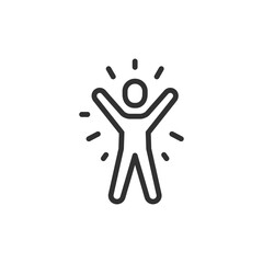 Excited person, linear icon. Joy, celebration, personal growth, achievement, and success. Editable stroke.