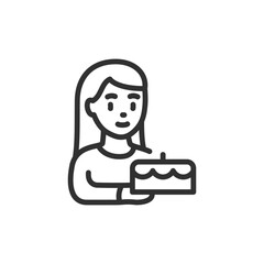 Woman holding cake, linear icon. Bakery employee or customer with dessert. Line with editable stroke.