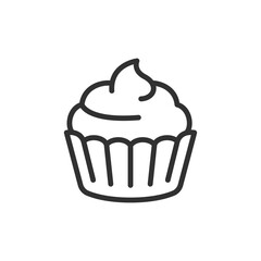 Cupcake with frosting, linear icon. Small sweet dessert for parties or snacks. Line with editable stroke.