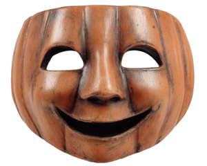 Wooden pumpkin mask with smiling face, showcasing intricate details and warm brown color. This decorative item is perfect for Halloween celebrations and adds festive touch to any setting