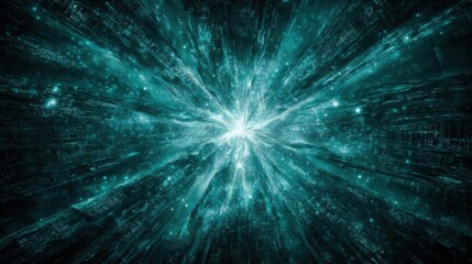 Futuristic digital universe with radiant glowing center emitting bright white-blue light in starburst pattern, surrounded by teal-blue cybernetic grid matrix. Dynamic high-tech environment with scatte