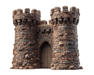 Medieval stone castle gate with two towers, featuring wooden door and rugged texture. This structure evokes sense of history and strength, perfect for fantasy themes