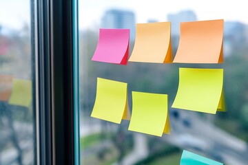 Brightly colored sticky notes arranged in a grid on a glass window, symbolizing organization and planning for business tasks