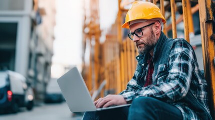 Construction site logistic planner managing deliveries with laptop and radio beside warehouse-style office.