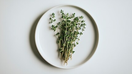 Fresh Thyme Sprigs on a White Plate