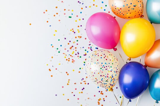 Colorful balloons and confetti on white background