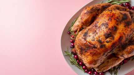 perfectly roasted Thanksgiving turkey on a serving dish with herbs and cranberries, Pastel cream background