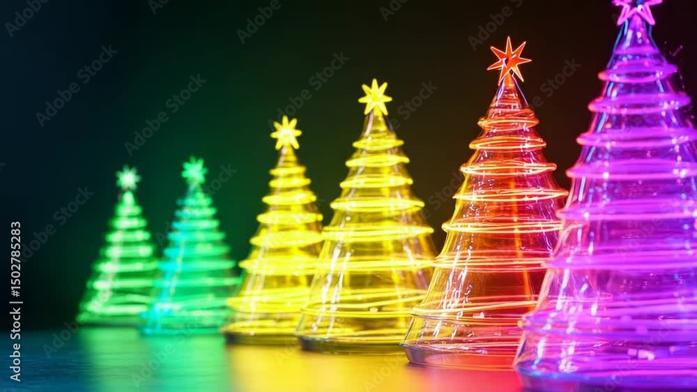 Poster neon glow christmas trees in a row with copy space