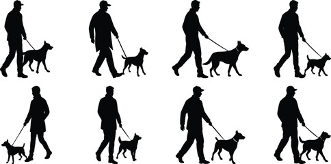 Person walking with dog silhouette set. Collection of vector illustrations on transparent background