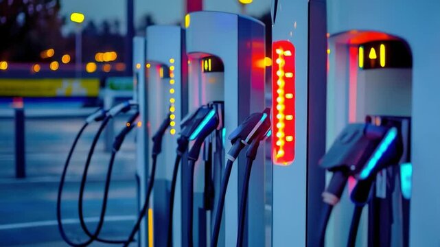 Illuminated electric vehicle charging station at dusk
