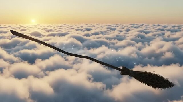 A broom soaring above fluffy clouds at sunrise, symbolizing freedom and imagination