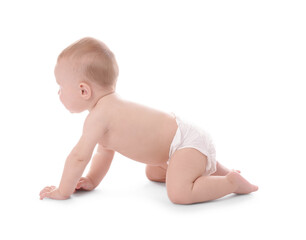 Cute little baby crawling on white background