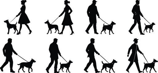 Person walking with dog silhouette set. Collection of vector illustrations on transparent background