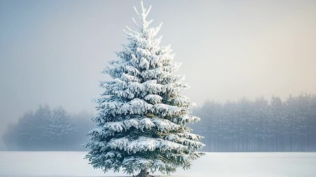 Snow-covered fir tree in peaceful winter landscape