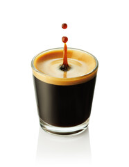 glass espresso coffee with splash and drop isolated on white background