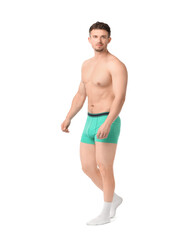 Fototapeta premium Young man in stylish turquoise underwear on white background