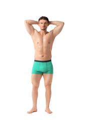 Fototapeta premium Young man in stylish turquoise underwear on white background